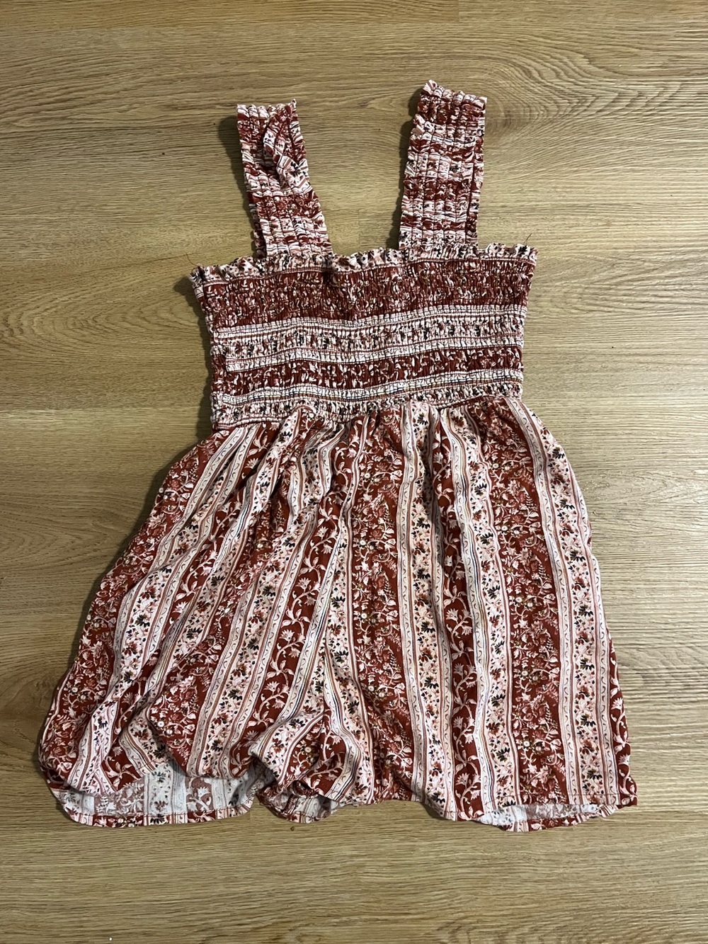 American Eagle Outfitters Rust and Cream Floral Stripe Smocked Romper